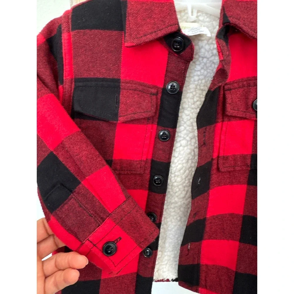 Crewcuts J.Crew Boys' sherpa-lined flannel red black plaid shirt jacket‎ size 2